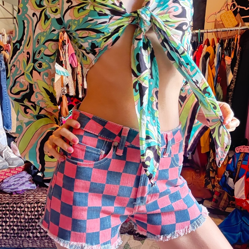 Almost Famous Checkered Pink and Blue Women Shorts